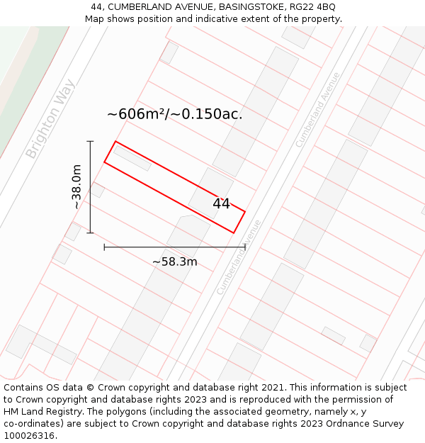 44, CUMBERLAND AVENUE, BASINGSTOKE, RG22 4BQ: Plot and title map