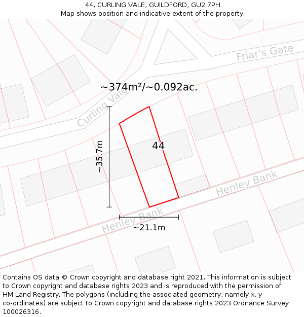 44, CURLING VALE, GUILDFORD, GU2 7PH: Plot and title map