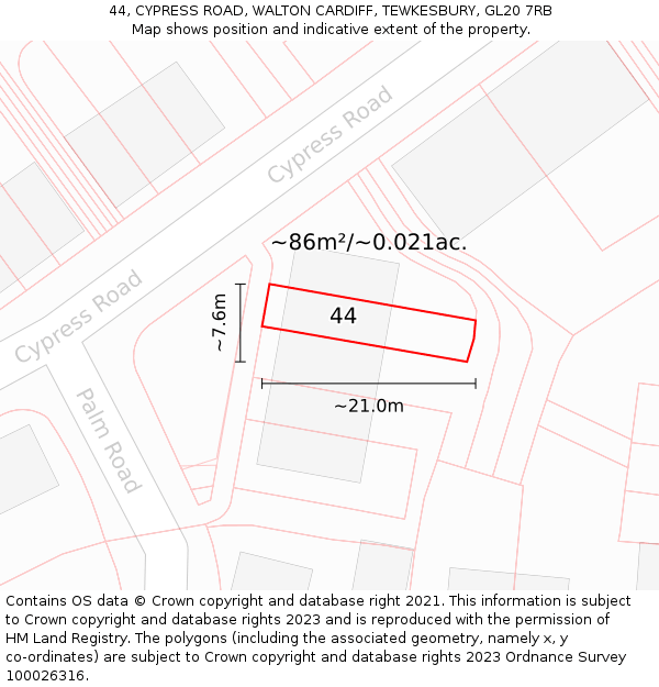 44, CYPRESS ROAD, WALTON CARDIFF, TEWKESBURY, GL20 7RB: Plot and title map