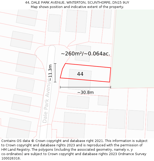 44, DALE PARK AVENUE, WINTERTON, SCUNTHORPE, DN15 9UY: Plot and title map