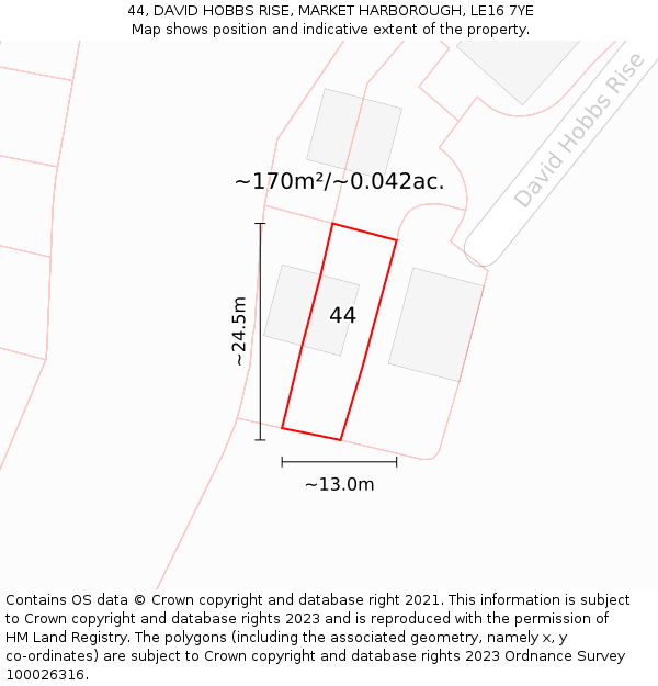 44, DAVID HOBBS RISE, MARKET HARBOROUGH, LE16 7YE: Plot and title map