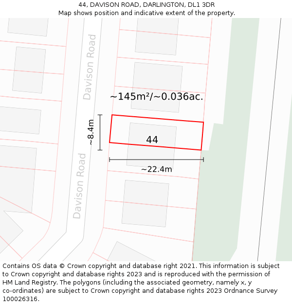 44, DAVISON ROAD, DARLINGTON, DL1 3DR: Plot and title map