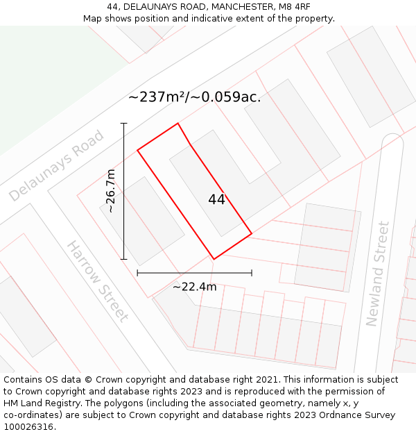 44, DELAUNAYS ROAD, MANCHESTER, M8 4RF: Plot and title map