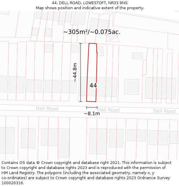 44, DELL ROAD, LOWESTOFT, NR33 9NS: Plot and title map