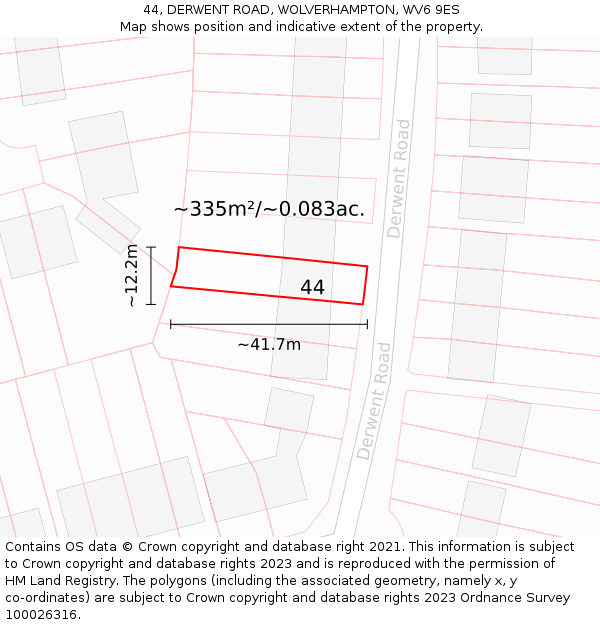 44, DERWENT ROAD, WOLVERHAMPTON, WV6 9ES: Plot and title map