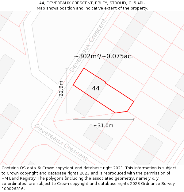 44, DEVEREAUX CRESCENT, EBLEY, STROUD, GL5 4PU: Plot and title map