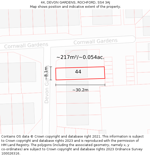 44, DEVON GARDENS, ROCHFORD, SS4 3AJ: Plot and title map