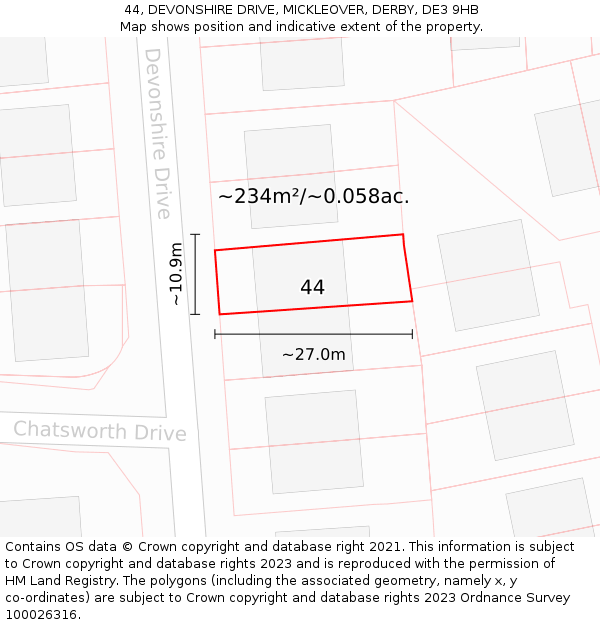 44, DEVONSHIRE DRIVE, MICKLEOVER, DERBY, DE3 9HB: Plot and title map