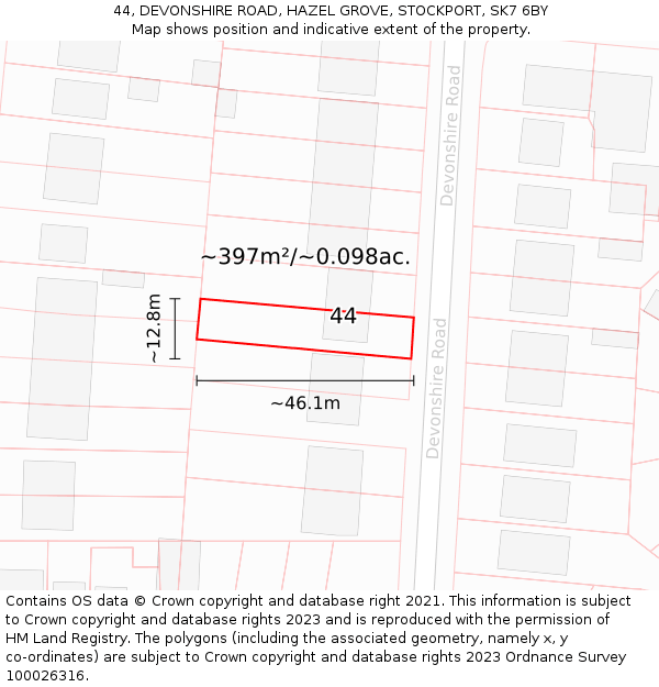 44, DEVONSHIRE ROAD, HAZEL GROVE, STOCKPORT, SK7 6BY: Plot and title map