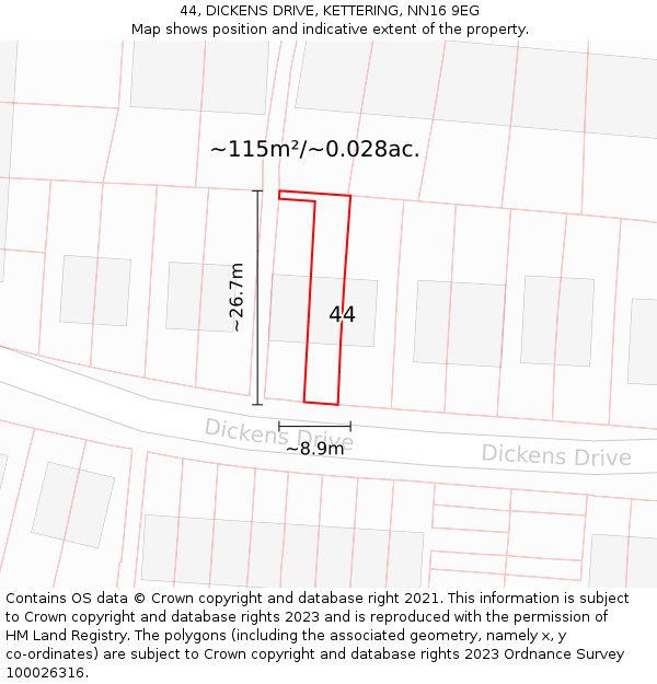 44, DICKENS DRIVE, KETTERING, NN16 9EG: Plot and title map