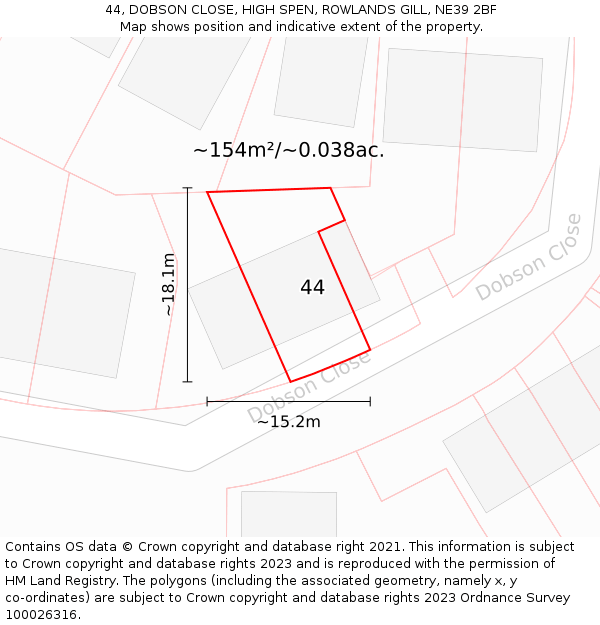 44, DOBSON CLOSE, HIGH SPEN, ROWLANDS GILL, NE39 2BF: Plot and title map