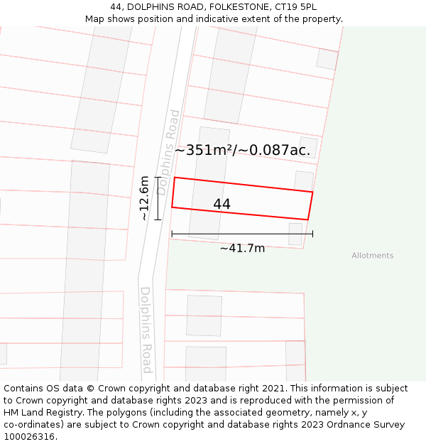 44, DOLPHINS ROAD, FOLKESTONE, CT19 5PL: Plot and title map