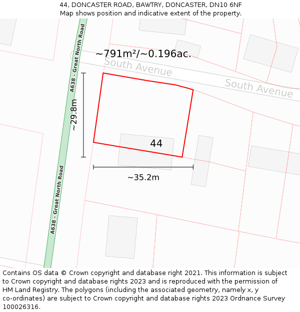 44, DONCASTER ROAD, BAWTRY, DONCASTER, DN10 6NF: Plot and title map