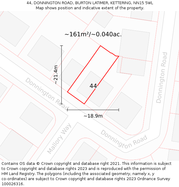44, DONNINGTON ROAD, BURTON LATIMER, KETTERING, NN15 5WL: Plot and title map