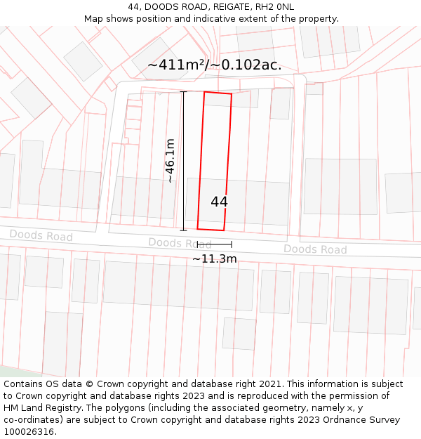 44, DOODS ROAD, REIGATE, RH2 0NL: Plot and title map