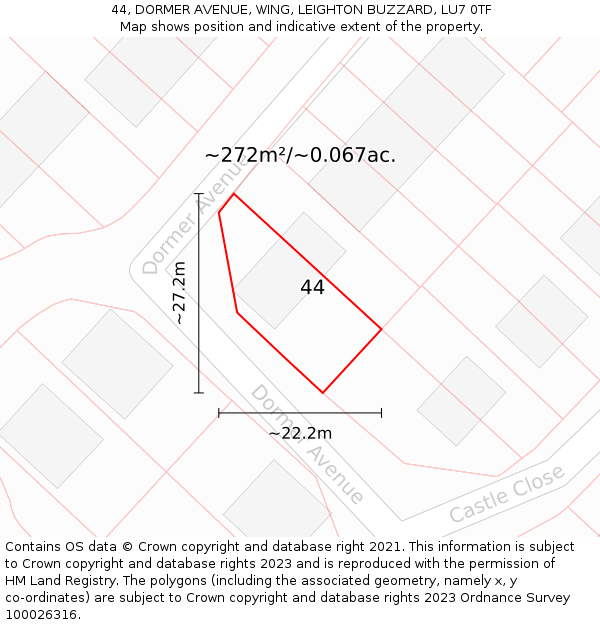 44, DORMER AVENUE, WING, LEIGHTON BUZZARD, LU7 0TF: Plot and title map