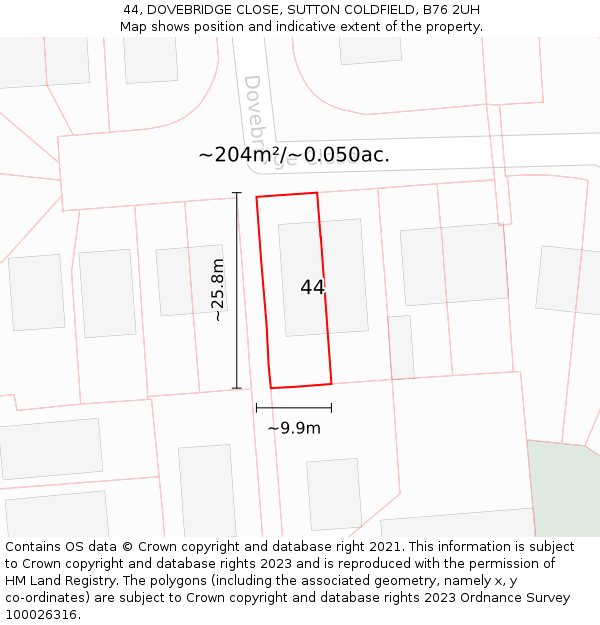 44, DOVEBRIDGE CLOSE, SUTTON COLDFIELD, B76 2UH: Plot and title map