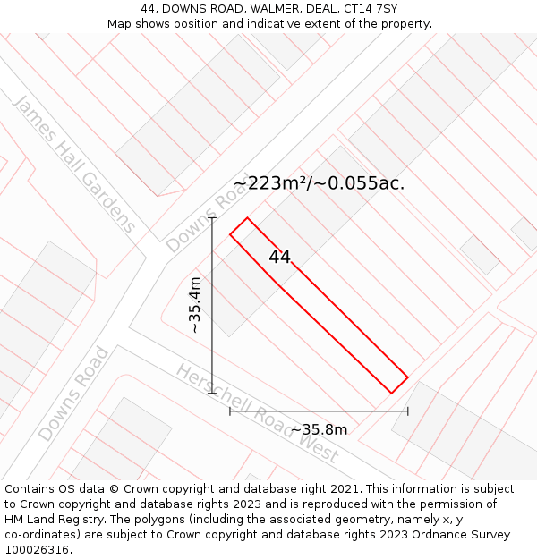 44, DOWNS ROAD, WALMER, DEAL, CT14 7SY: Plot and title map