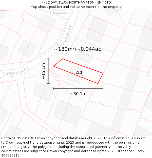 44, DOWNSWAY, NORTHAMPTON, NN4 0TD: Plot and title map