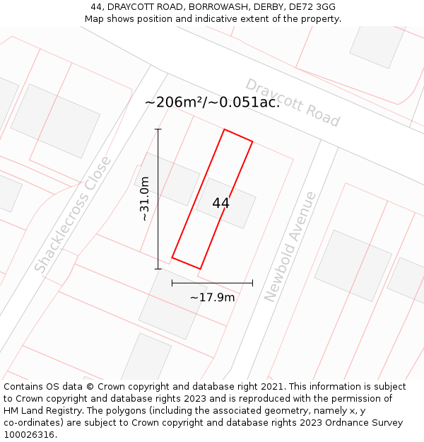 44, DRAYCOTT ROAD, BORROWASH, DERBY, DE72 3GG: Plot and title map