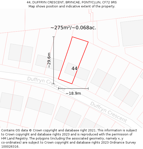 44, DUFFRYN CRESCENT, BRYNCAE, PONTYCLUN, CF72 9RS: Plot and title map