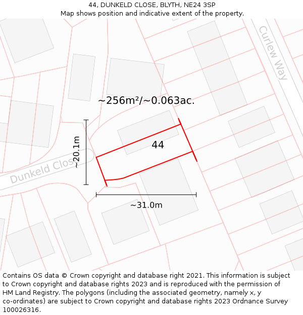 44, DUNKELD CLOSE, BLYTH, NE24 3SP: Plot and title map