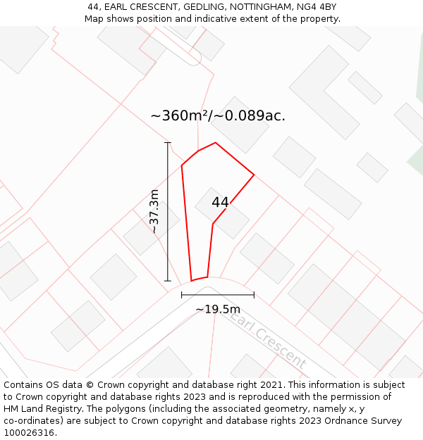 44, EARL CRESCENT, GEDLING, NOTTINGHAM, NG4 4BY: Plot and title map