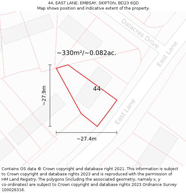 44, EAST LANE, EMBSAY, SKIPTON, BD23 6QD: Plot and title map