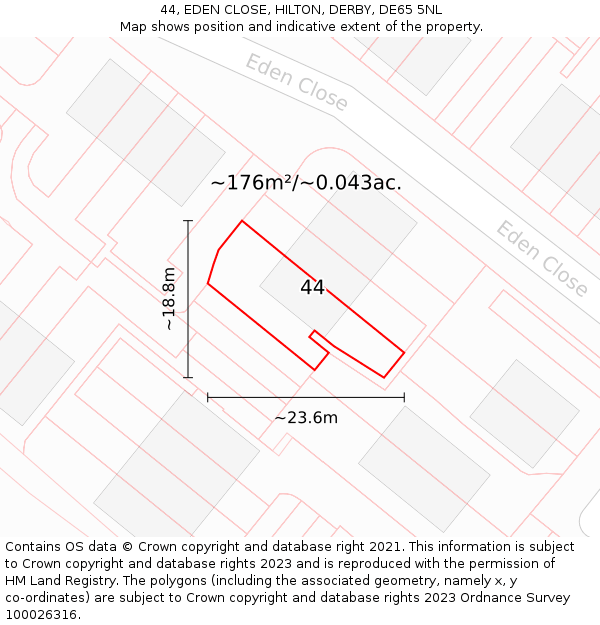 44, EDEN CLOSE, HILTON, DERBY, DE65 5NL: Plot and title map