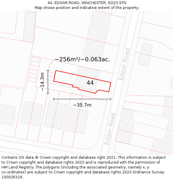 44, EDGAR ROAD, WINCHESTER, SO23 9TN: Plot and title map