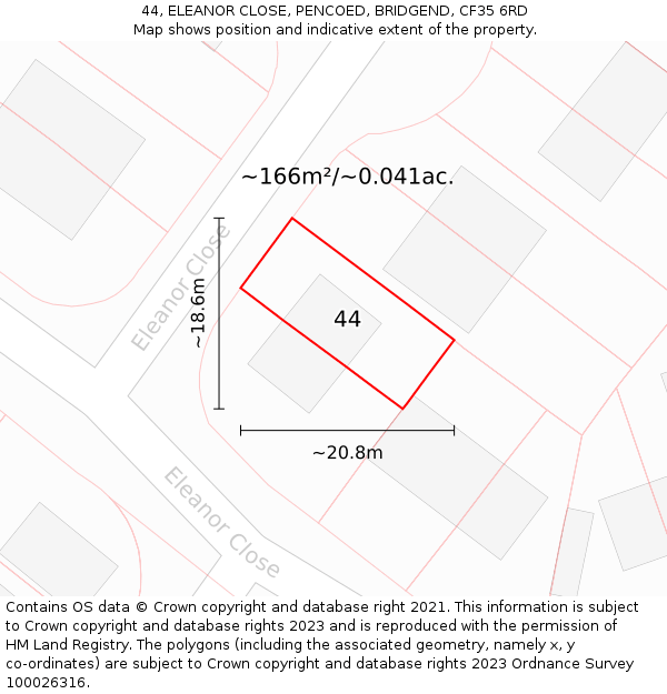 44, ELEANOR CLOSE, PENCOED, BRIDGEND, CF35 6RD: Plot and title map