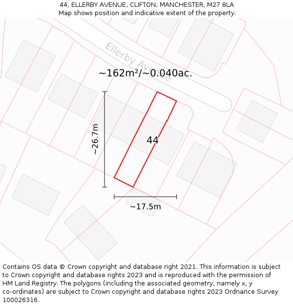 44, ELLERBY AVENUE, CLIFTON, MANCHESTER, M27 8LA: Plot and title map