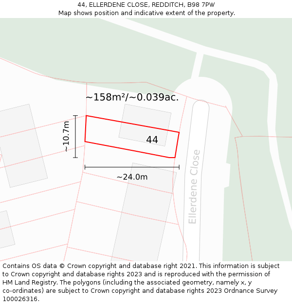 44, ELLERDENE CLOSE, REDDITCH, B98 7PW: Plot and title map