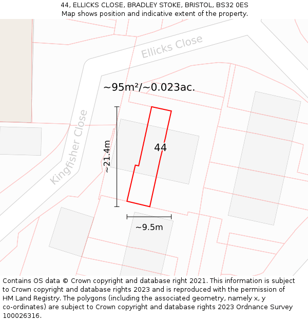 44, ELLICKS CLOSE, BRADLEY STOKE, BRISTOL, BS32 0ES: Plot and title map