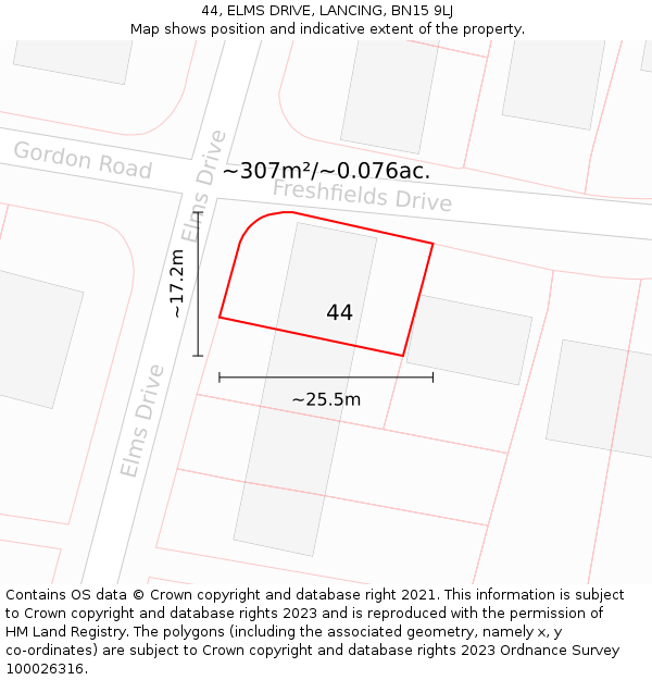 44, ELMS DRIVE, LANCING, BN15 9LJ: Plot and title map