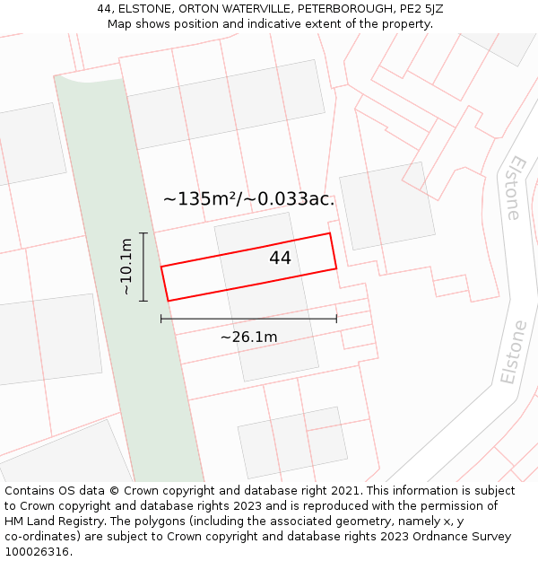 44, ELSTONE, ORTON WATERVILLE, PETERBOROUGH, PE2 5JZ: Plot and title map