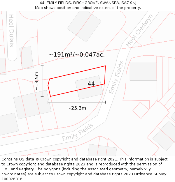 44, EMILY FIELDS, BIRCHGROVE, SWANSEA, SA7 9NJ: Plot and title map