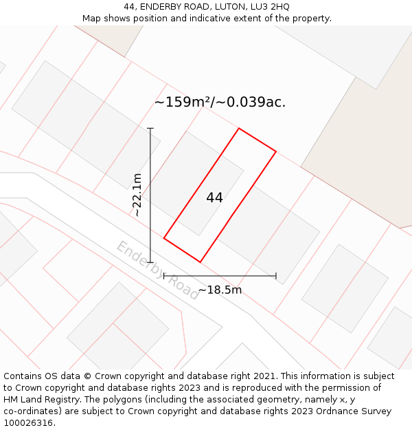 44, ENDERBY ROAD, LUTON, LU3 2HQ: Plot and title map