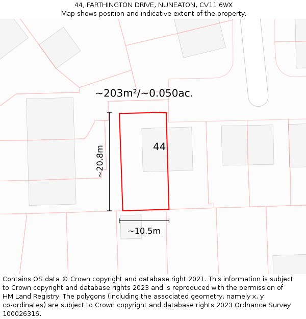44, FARTHINGTON DRIVE, NUNEATON, CV11 6WX: Plot and title map