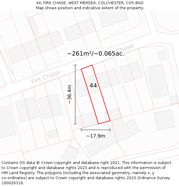 44, FIRS CHASE, WEST MERSEA, COLCHESTER, CO5 8NG: Plot and title map