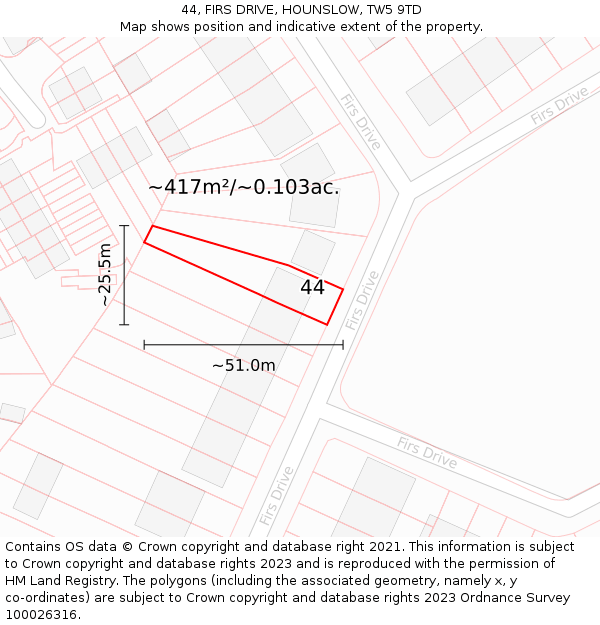 44, FIRS DRIVE, HOUNSLOW, TW5 9TD: Plot and title map