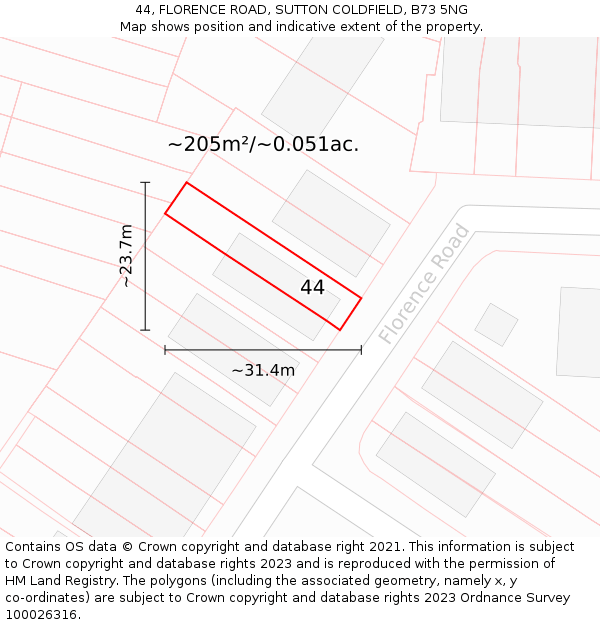44, FLORENCE ROAD, SUTTON COLDFIELD, B73 5NG: Plot and title map