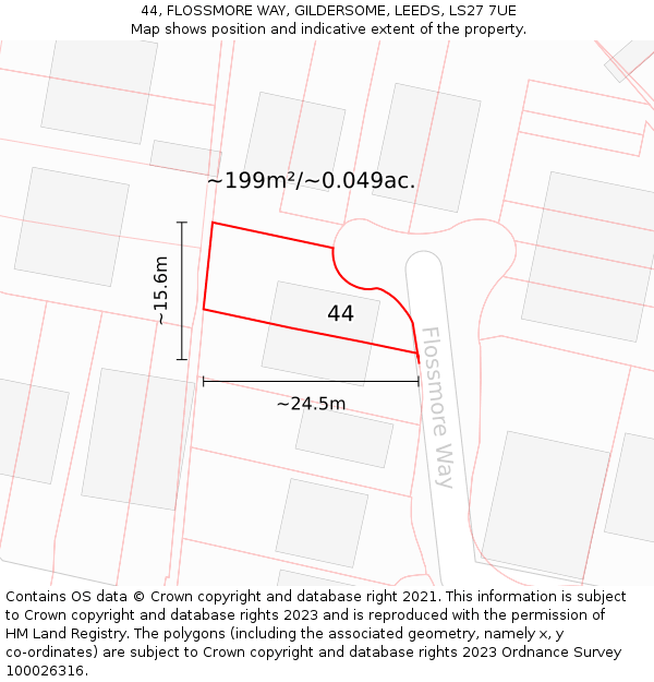 44, FLOSSMORE WAY, GILDERSOME, LEEDS, LS27 7UE: Plot and title map