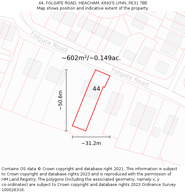 44, FOLGATE ROAD, HEACHAM, KING'S LYNN, PE31 7BE: Plot and title map
