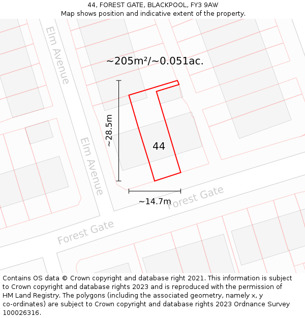 44, FOREST GATE, BLACKPOOL, FY3 9AW: Plot and title map