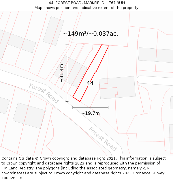 44, FOREST ROAD, MARKFIELD, LE67 9UN: Plot and title map