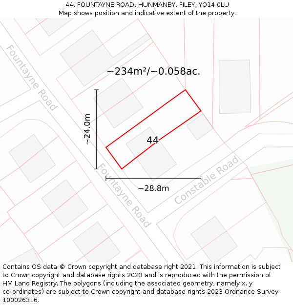 44, FOUNTAYNE ROAD, HUNMANBY, FILEY, YO14 0LU: Plot and title map