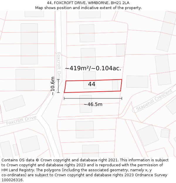 44, FOXCROFT DRIVE, WIMBORNE, BH21 2LA: Plot and title map