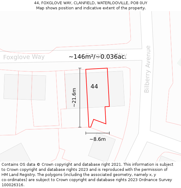 44, FOXGLOVE WAY, CLANFIELD, WATERLOOVILLE, PO8 0UY: Plot and title map