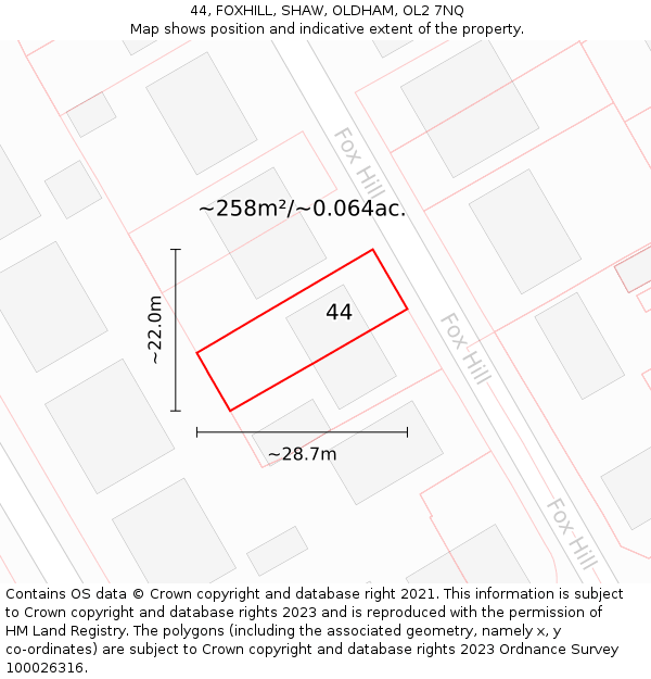 44, FOXHILL, SHAW, OLDHAM, OL2 7NQ: Plot and title map